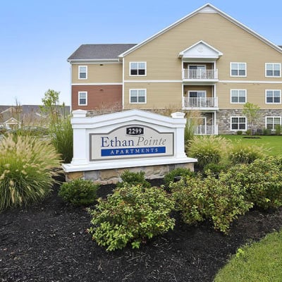 Exterior view of apartment buildings at Ethan Pointe Apartments in Rochester, NY