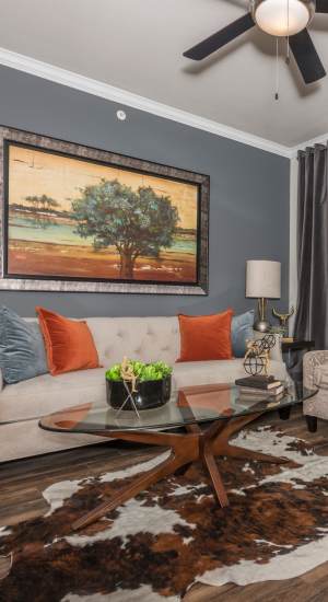 Modern living room at The Abbey at Dominion Crossing in San Antonio, Texas