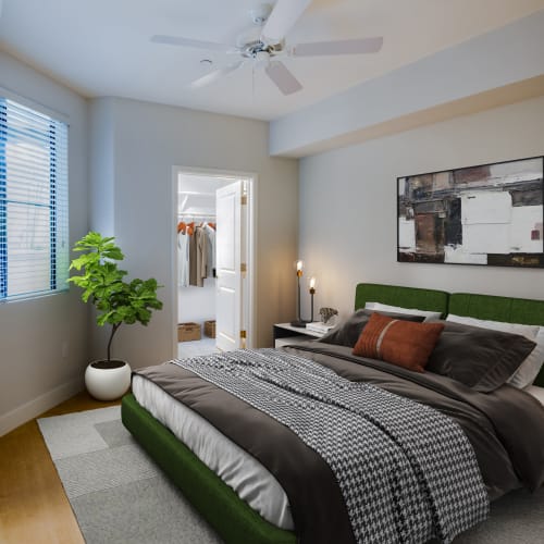 An apartment bedroom at The Aubrey in Tempe, Arizona
