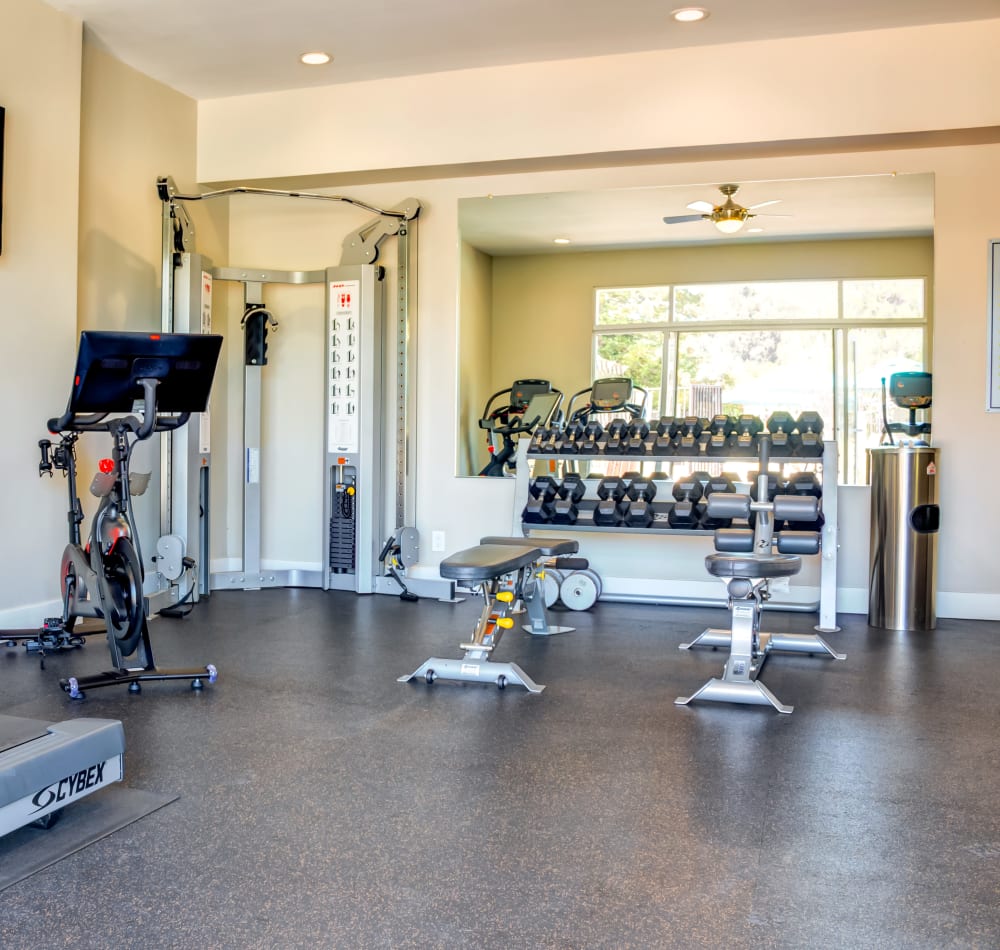 Well-equipped onsite fitness center at Sofi Belmont Hills in Belmont, California