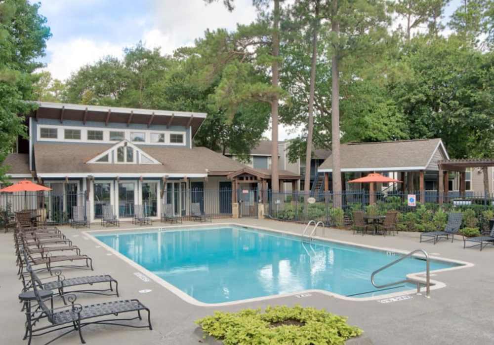 Resort style swimming pool at Estates at Cypress in Cypress, Texas
