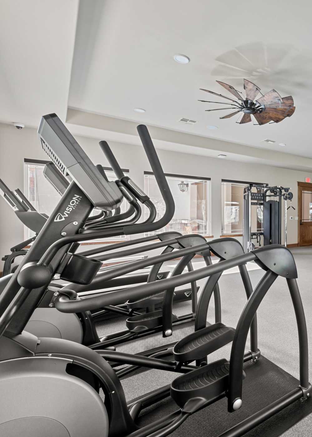 Well-equipped fitness center at Ranch Creek Living in Helotes, Texas