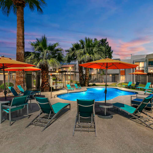 The swimming pool at dusk at Ardella on 67th in Glendale, Arizona