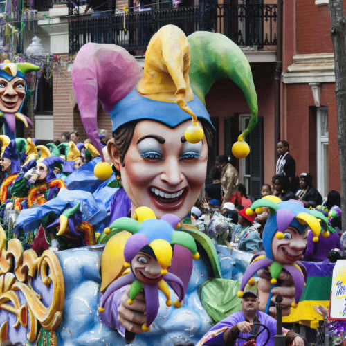Colorful parade with festive jester floats at American Can Apartments in New Orleans, Louisiana