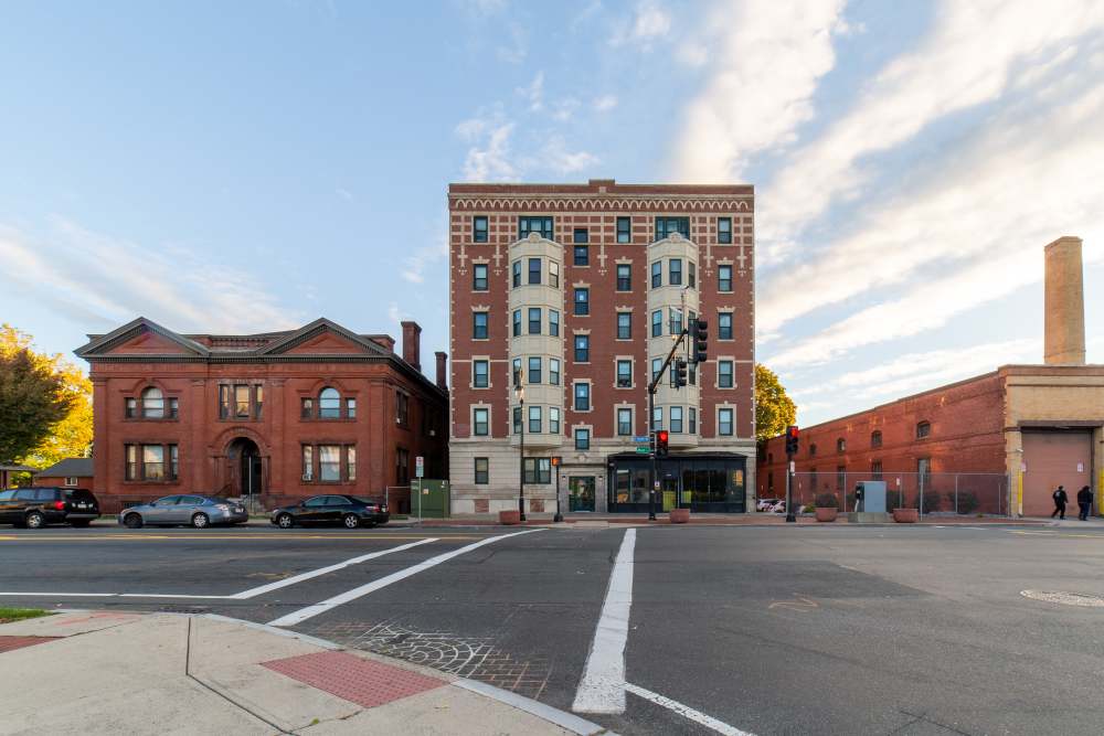 Main street view at Memorial Square Apartments in Springfield, Massachusetts
