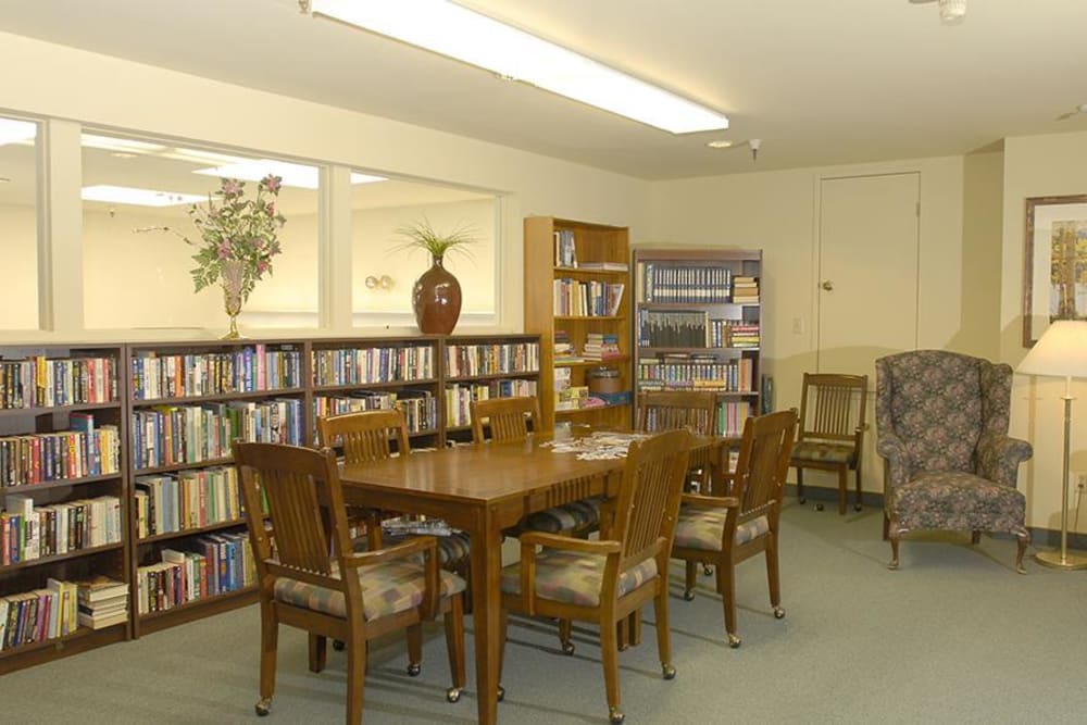 Spacious library at Hilltop Commons Senior Living in Grass Valley, California