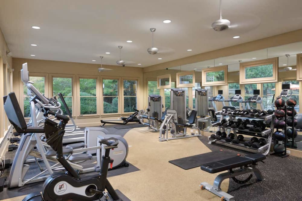 Modern Fitness Center with cardio strength machines at Woodhaven at Park Bridge in Alpharetta, Georgia