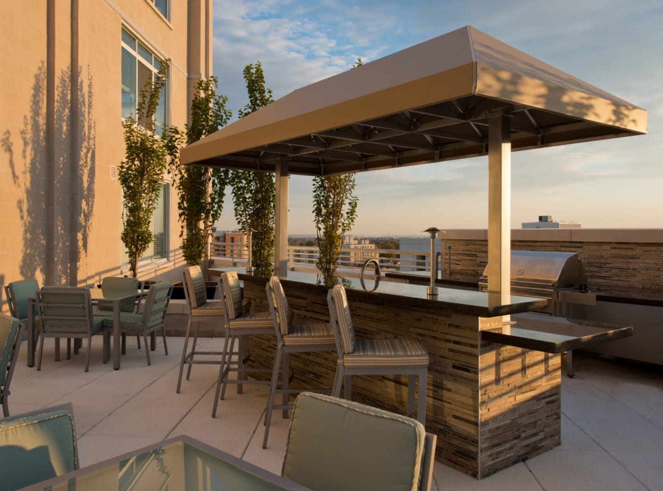 Rooftop deck seating at Solaire 1150 Ripley in Silver Spring, Maryland