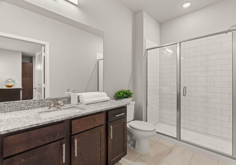 Bathroom with storage units at Walnut Springs in Seguin, Texas
