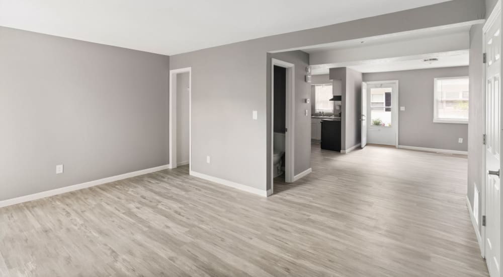 Model home's living space and round staircase at Spring Creek Townhomes in Springfield, Illinois