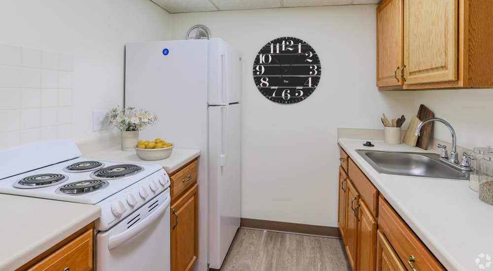 Kitchen with eco-friendly flooring at Coraopolis Towers in Coraopolis, Pennsylvania