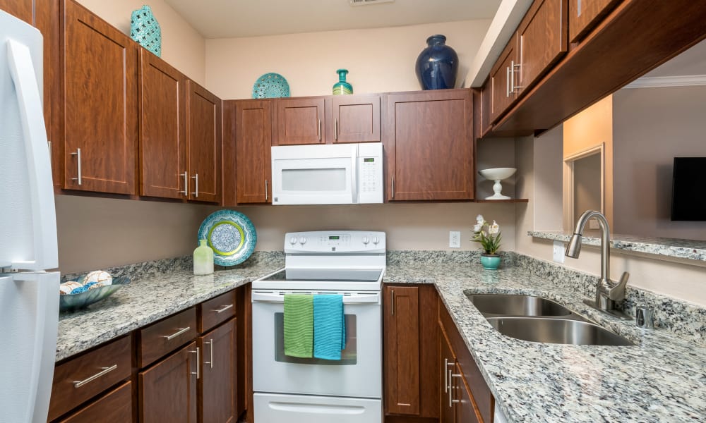 Granite countertops and white appliances in a kitchen at El Lago Apartments in McKinney, Texas