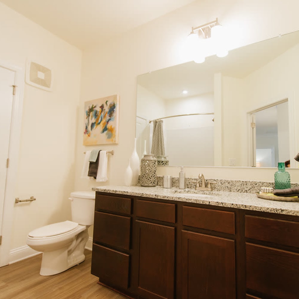 Bathroom with granite countertop at Beacon on 5th in Charlottesville, Virginia