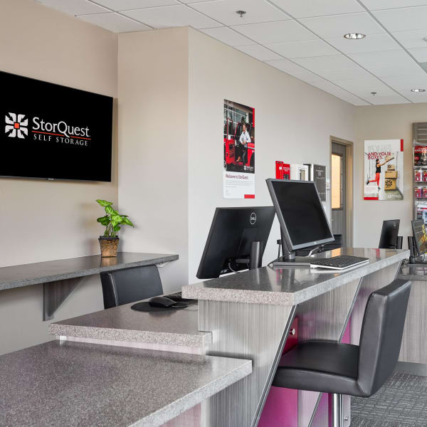 Inside the leasing office of StorQuest Self Storage in New York, New York
