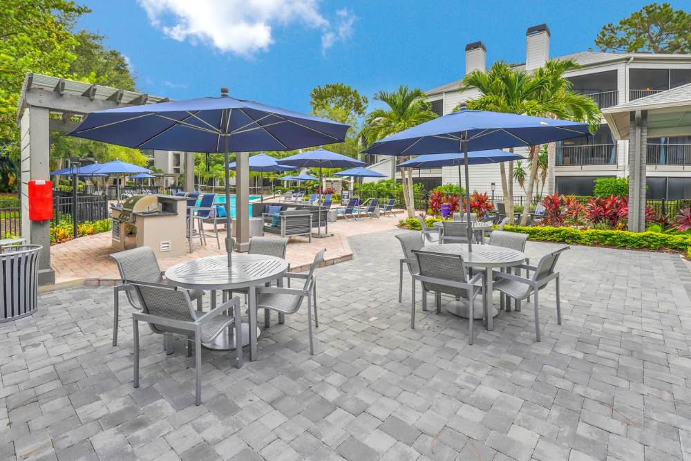 Outdoor seating near the pool at 4800 Westshore in Tampa, Florida