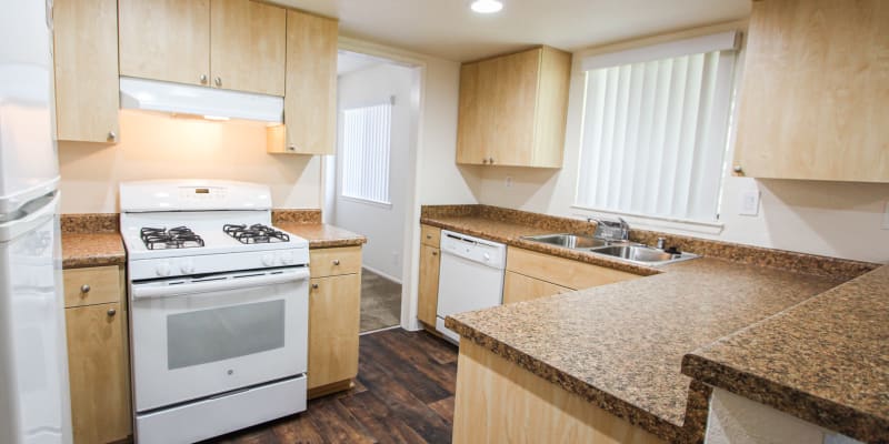 a fully equipped kitchen at Sea Breeze Village in Seal Beach, California