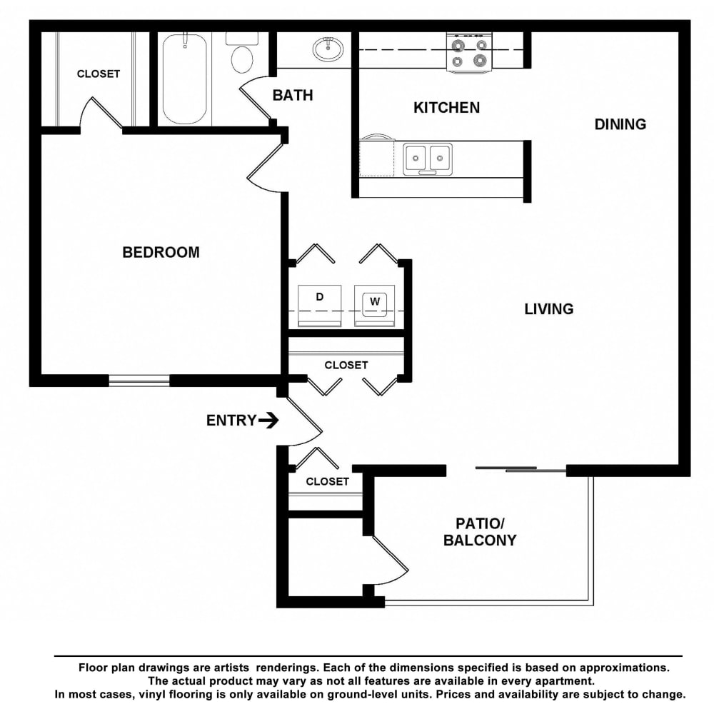 1x1 floor plan drawing at Lake Crossing Apartment Homes in Austell, Georgia