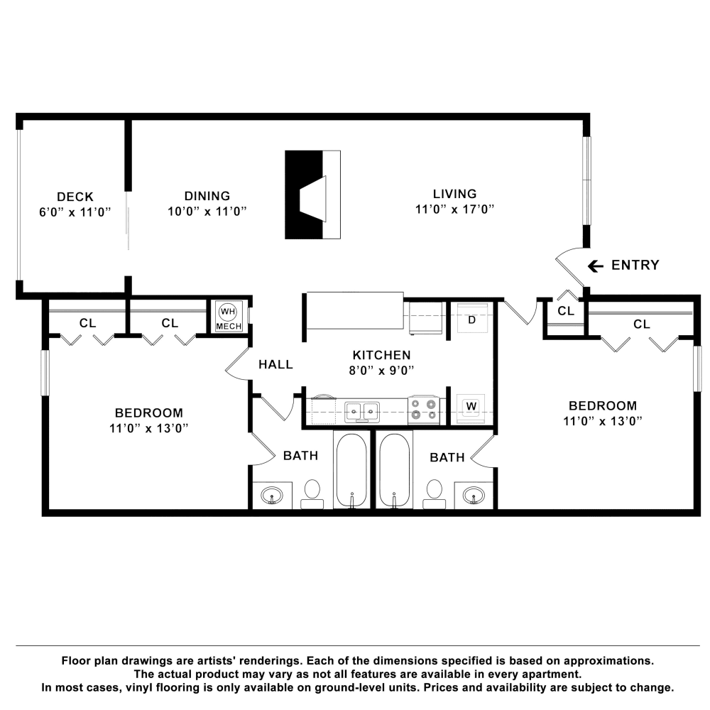 3x2 floor plan drawing at Pebble Creek Apartments in Antioch, Tennessee