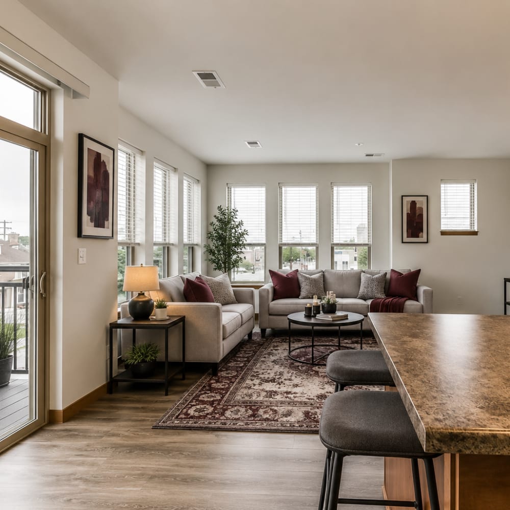 Living room with multiple windows at Cudahy, Wisconsin at Layton Square