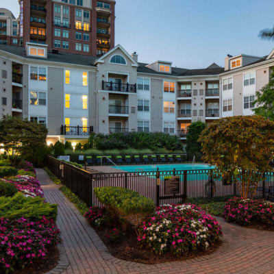 Beautiful landscaping around community pool at Sofi Parc Grove in Stamford, Connecticut