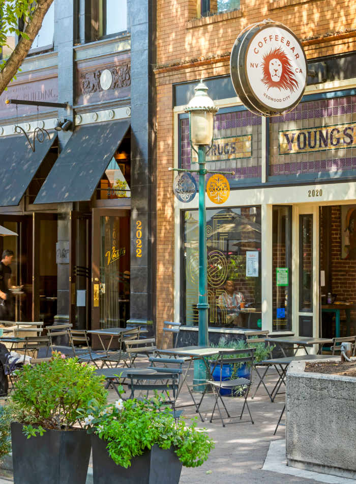 An outdoor dining area near The Colton in Redwood City, California