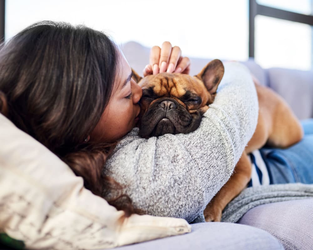 Happy pup and her owner relaxing on the couch in their pet-friendly apartment at Vantage Park Apartments in Seattle, Washington