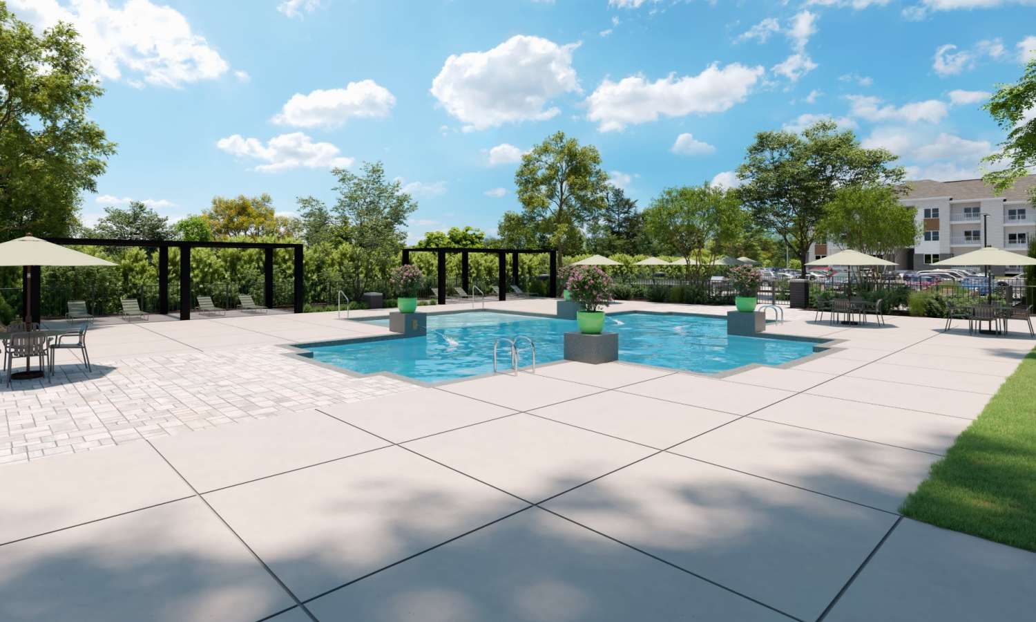 MainLine Apartment Homes swimming pool and outdoor amenity spaces in Fredericksburg, Virginia Show more lines