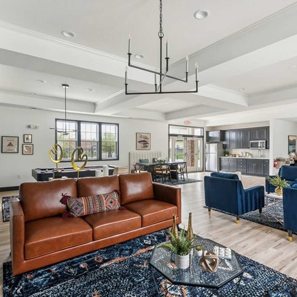 Leather sofa in the clubhouse living at Chapel Ridge in Lees Summit, Missouri