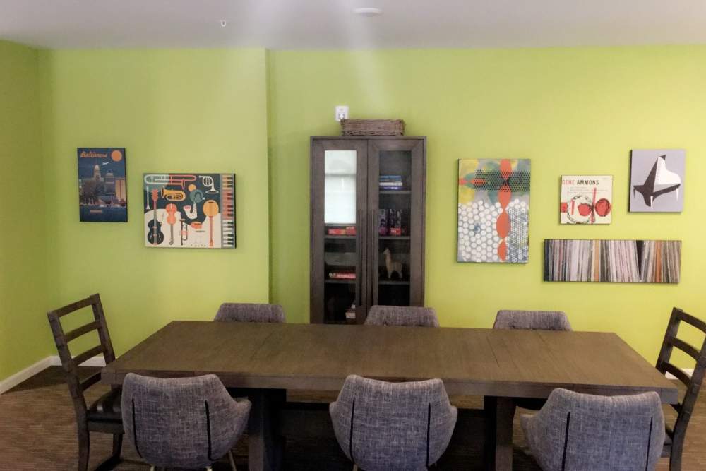 Lobby area with green accents North Avenue Gateway II in Baltimore, Maryland