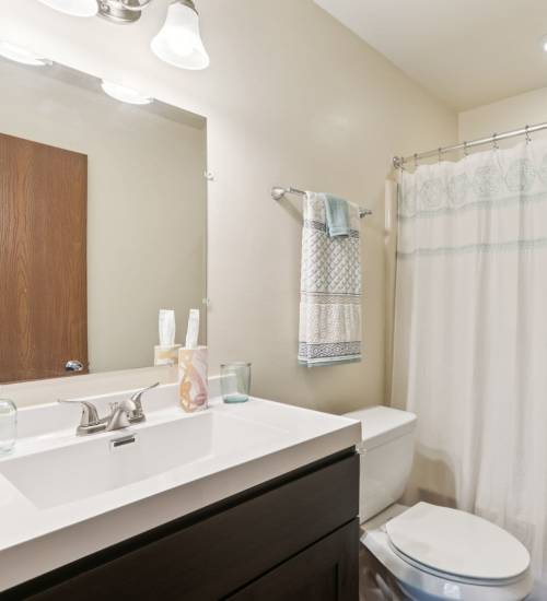 Bathsink with vanity lights at Woodfield Heights Apartments in Waukesha, Wisconsin