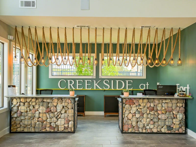 Reception desk in the clubhouse at Creekside at Kenney's Fort in Round Rock, Texas