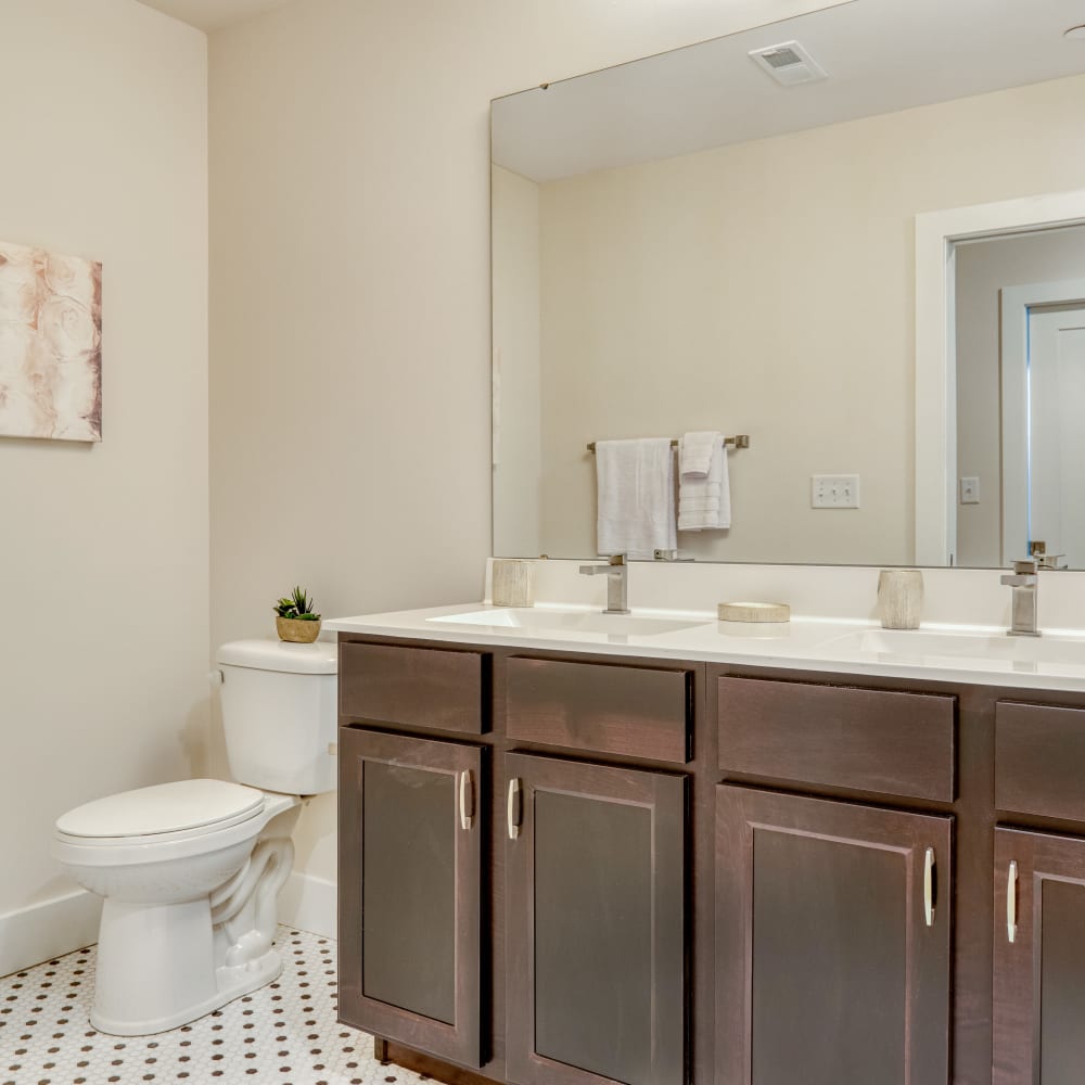 Bathroom with large counter and mirror at Fox Plan Apartments, Monroeville, Pennsylvania