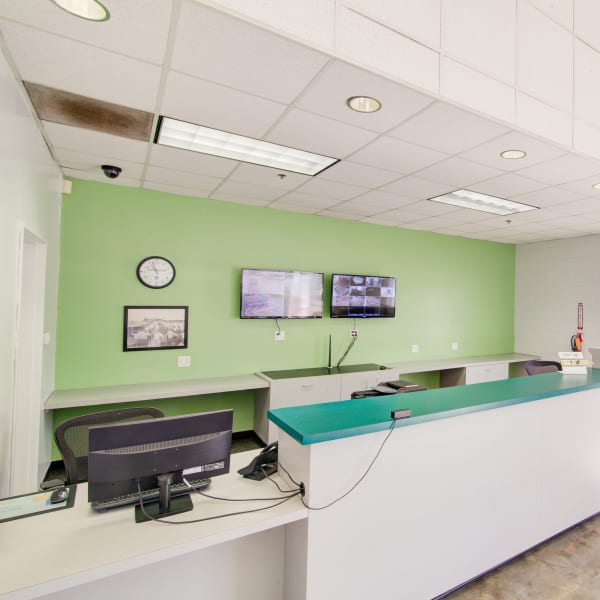 Inside the leasing office of StorQuest Self Storage in San Diego, California
