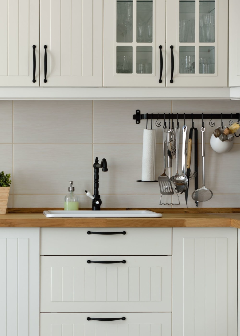 A furnished kitchen counter in a model home at Devi at Valley Ranch in Irving, Texas