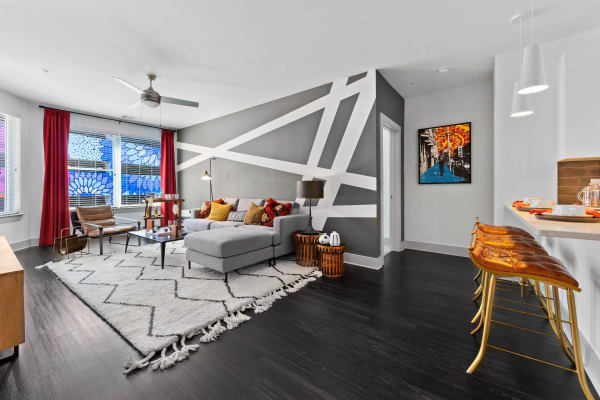 Beutifully decorated model living room at EDGE on the Beltline in Atlanta, Georgia