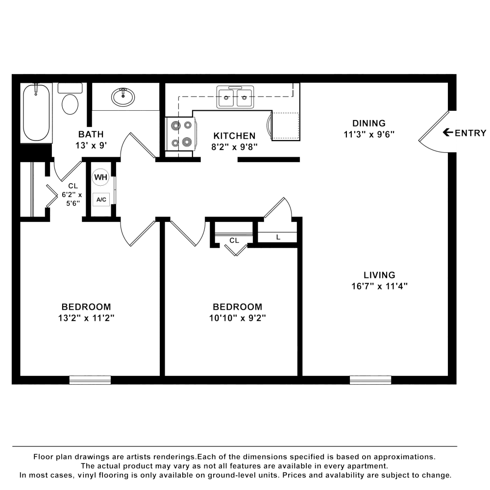 2x2 floor plan drawing at Parkview Flats Apartments in Murfreesboro, Tennessee