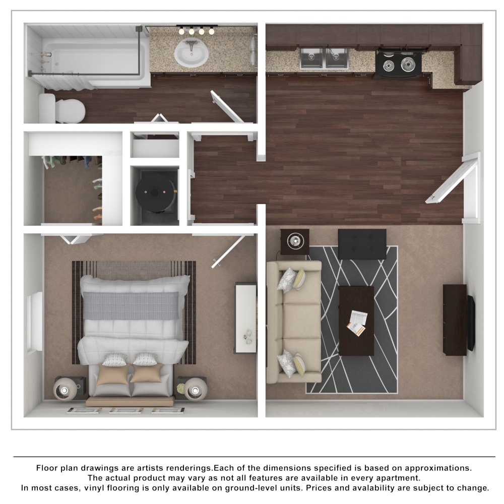 1x1 floor plan drawing at Parkview Flats Apartments in Murfreesboro, Tennessee