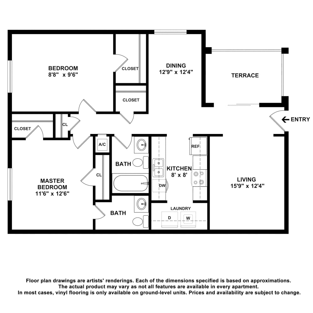 2x1.5 floor plan drawing at Carriage Hills Apartments in Macon, Georgia