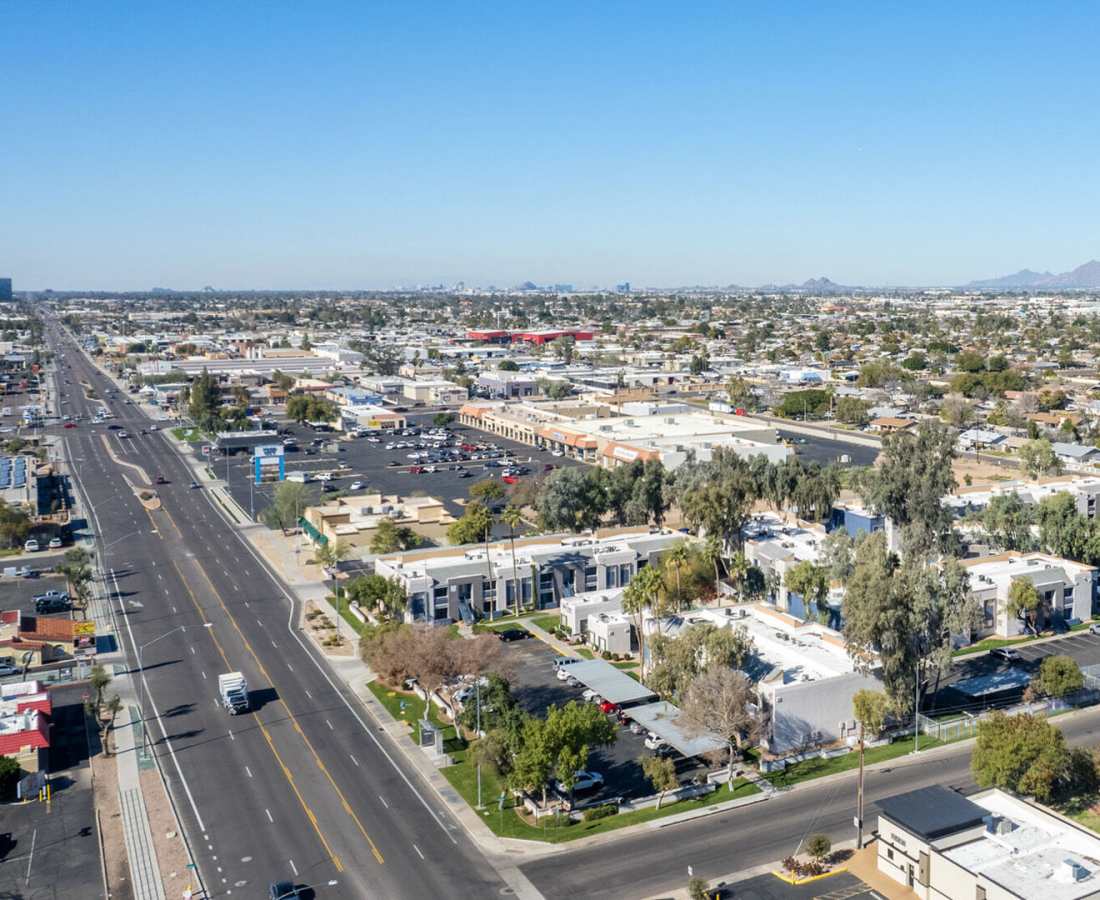 Aerial view of the neighborhood at 544 Southern Apartments in Mesa, Arizona