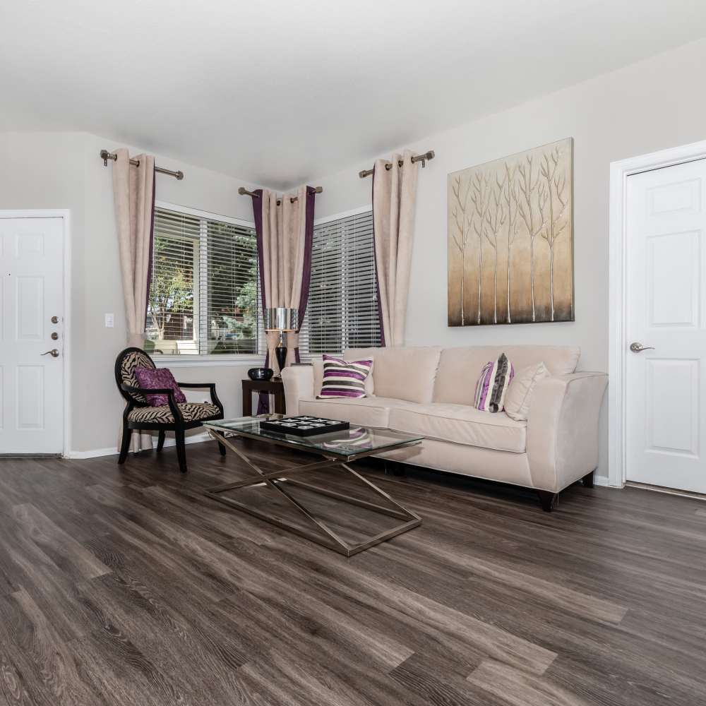 Living room with its premium features at The Dakota at Governors Ranch in Littleton,Colorado