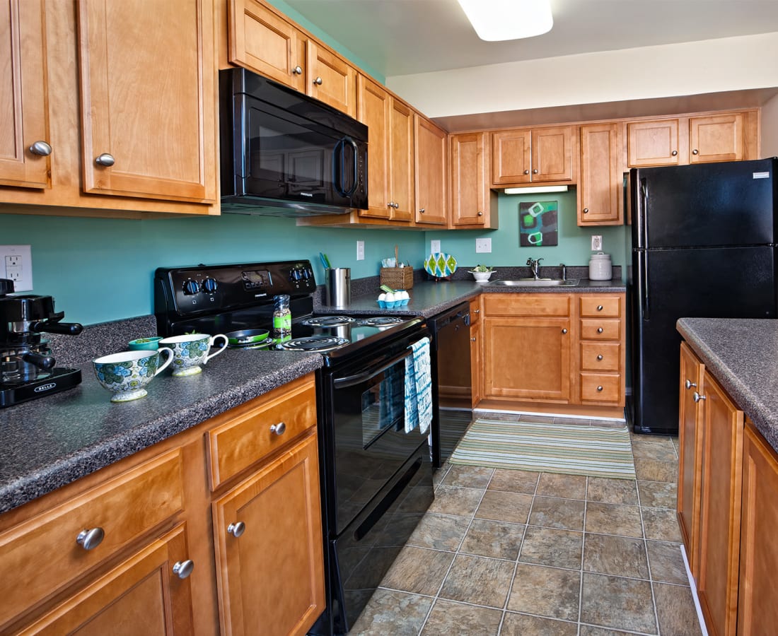 Fully equipped kitchen with sleek black appliances at James River Pointe in Richmond, Virginia