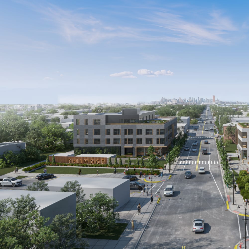Urban landscape with modern buildings and vibrant street activity at Bellwood Gateway Apartments in Bellwood, Illinois