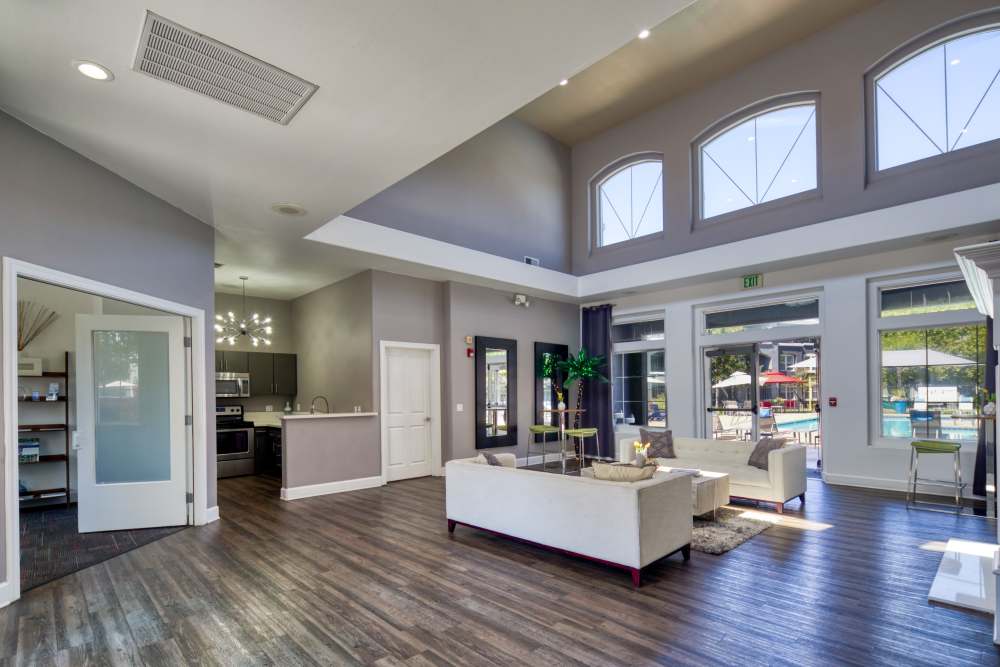 Living room of a community clubhouse at The Lofts in Sacramento, California