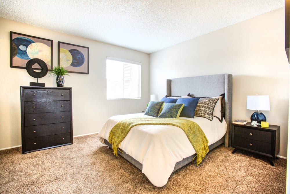 Spacious bedroom with plush carpeting at Verde Apartments in Tucson, Arizona