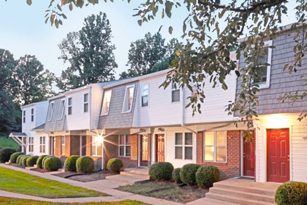 Exterior of Old Mill Townhomes at sunset in Lynchburg, Virginia