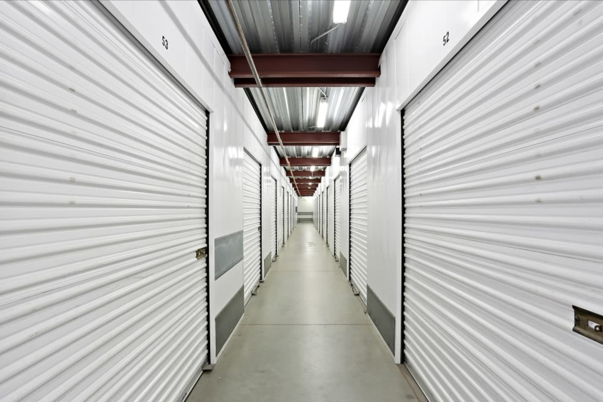 A hallway of indoor storage units at A-1 Self Storage in Chula Vista, California