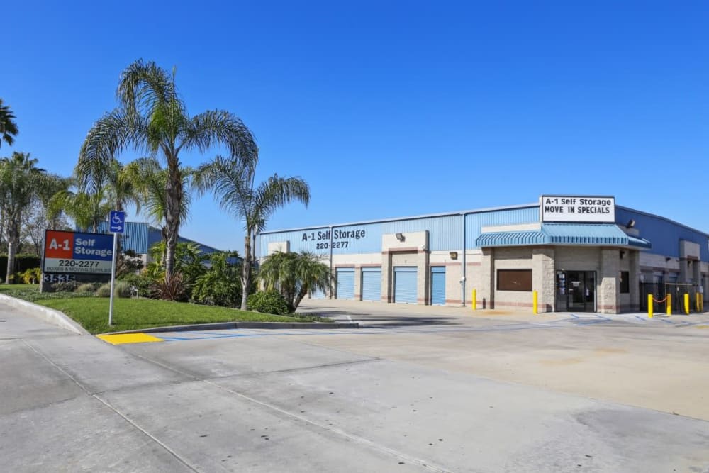 The front entrance to A-1 Self Storage in Anaheim, California