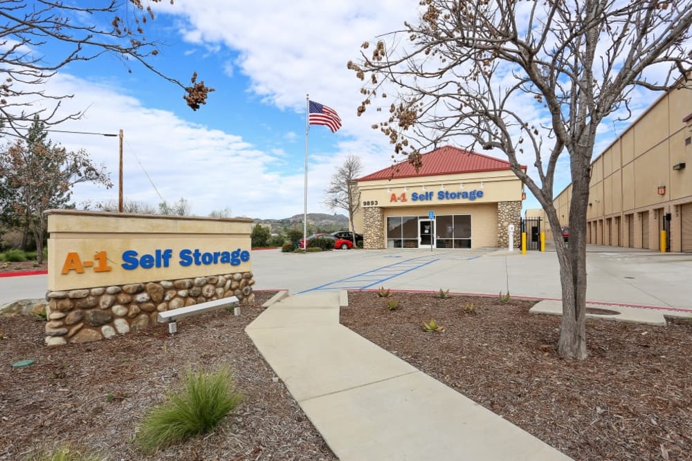 The sign and front entrance to A-1 Self Storage in Lakeside, California