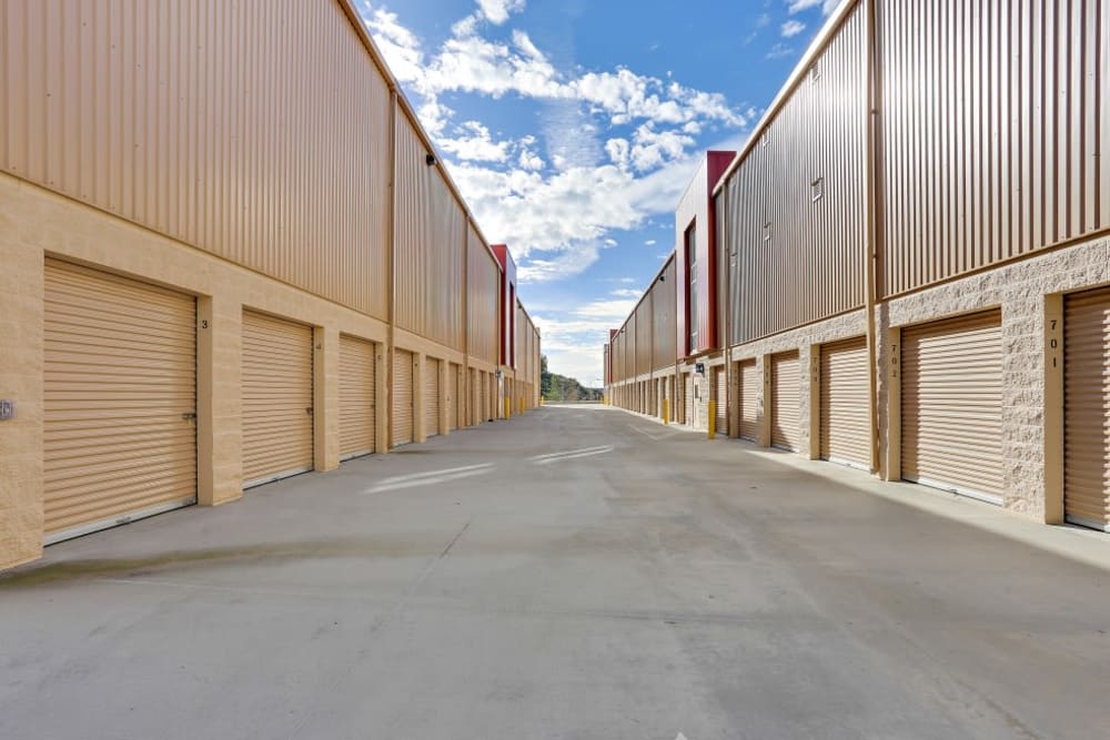 A row of outdoor storage units at A-1 Self Storage in San Diego, California