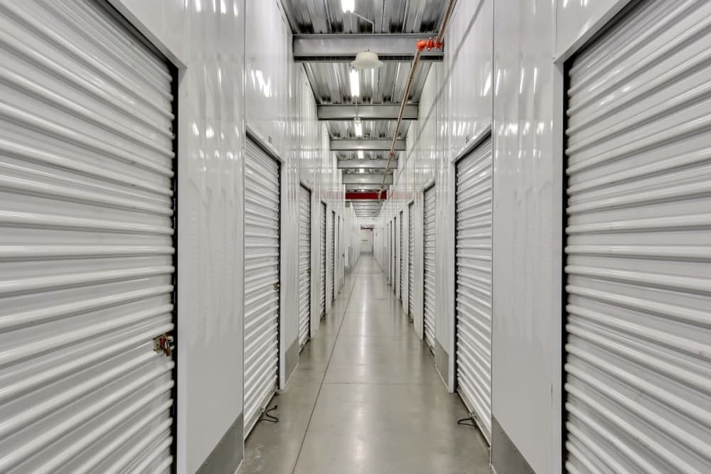 A row of indoor storage units at A-1 Self Storage in Vista, California